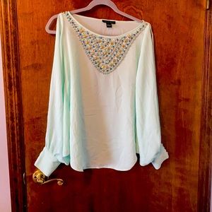 Aqua blouse with embellished top and slit sleeves